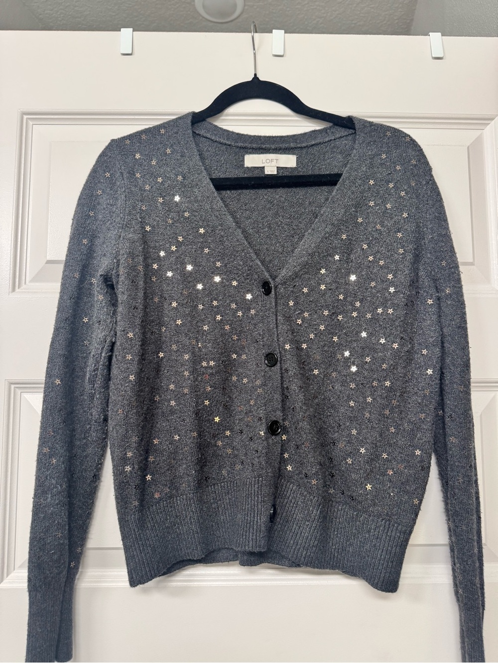 LOFT Gray Star Sequin V-Neck Cardigan